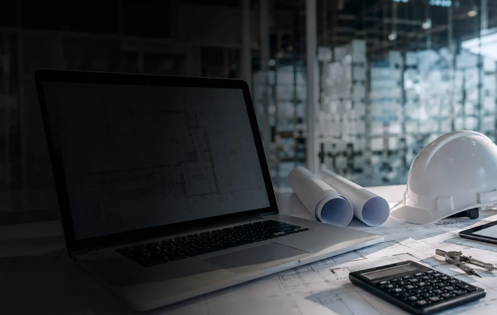 Planeación de proyectos con planos, casco de obra y laptop