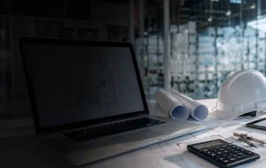 Planeación de proyectos con planos, casco de obra y laptop